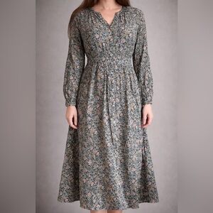LOFT Floral Smocked Waist Midi Dress Long Sleeve V-Neck Boho Size 4-6